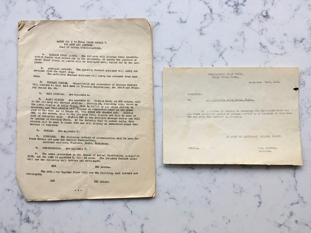 ANTIQUE 1920'S ARMY AIR SERVICE FLYING SCHOOL KELLY FIELD TEXAS DOCUMENTS PILOT