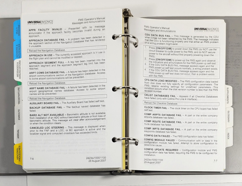 Universal Avionics FMS Operator's Manual 2008 3 Ring Binder