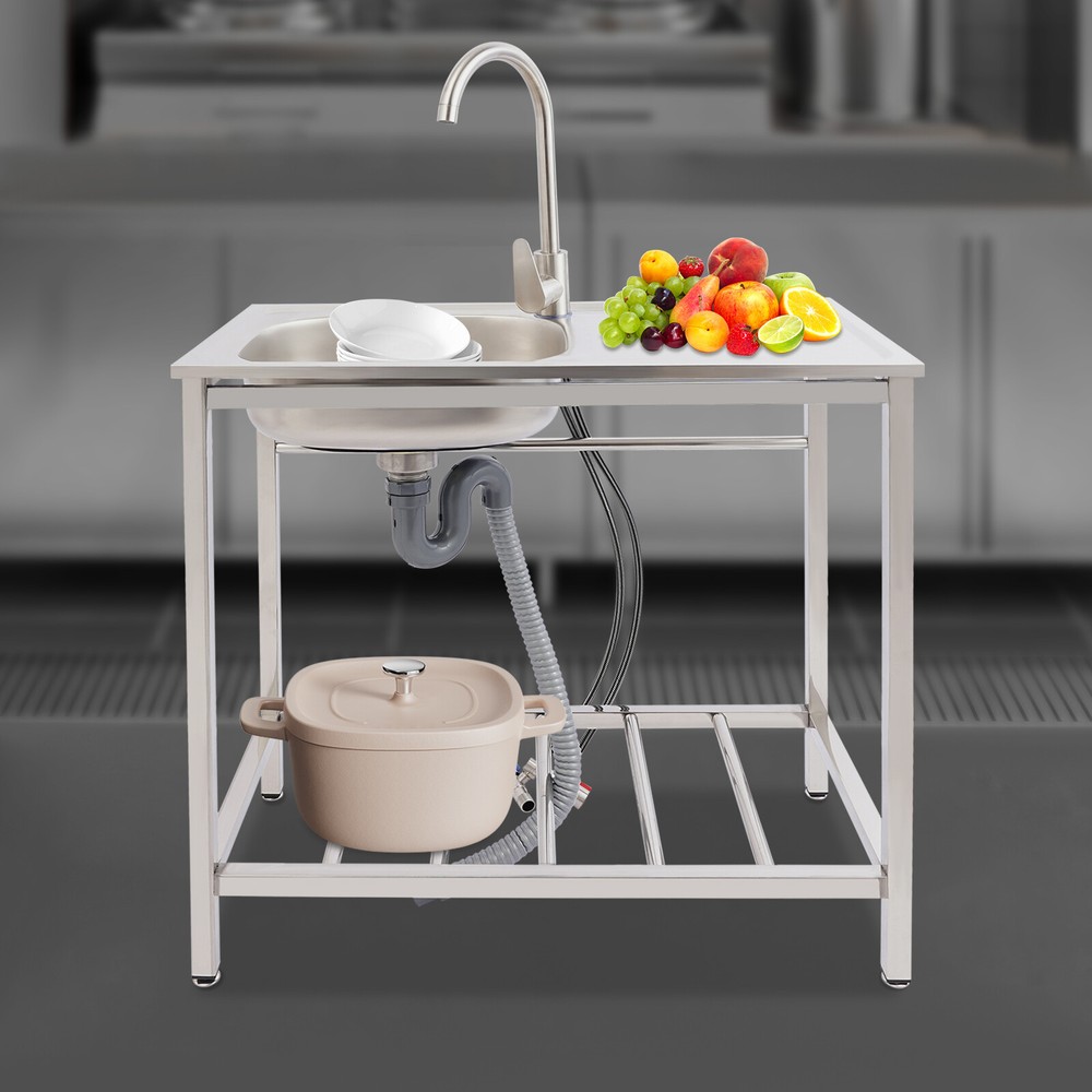 Stainless Steel Kitchen Sink Single Compartment Prep Table Freestanding Laundry