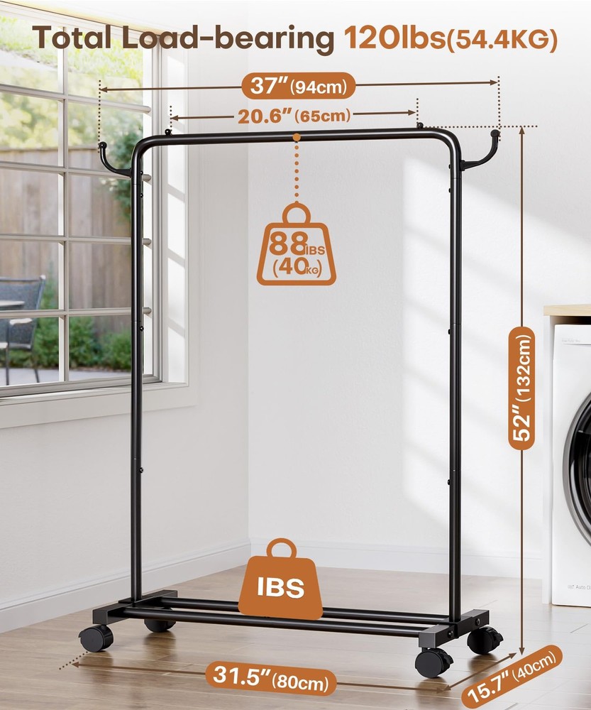 Rolling Clothes Rack with Hooks: Standing Garment Storage for Indoor - Hangin...