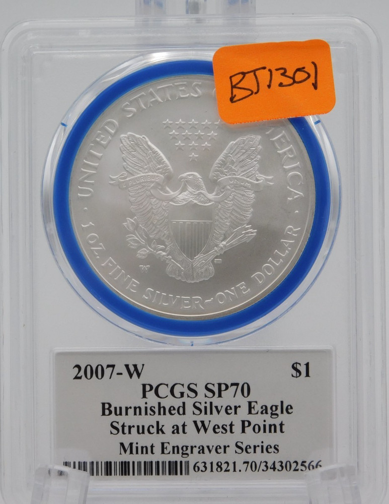 2007-W BURNISHED Silver Eagle PCGS SP70 Mercanti Signed Blue Ring (BT1301)