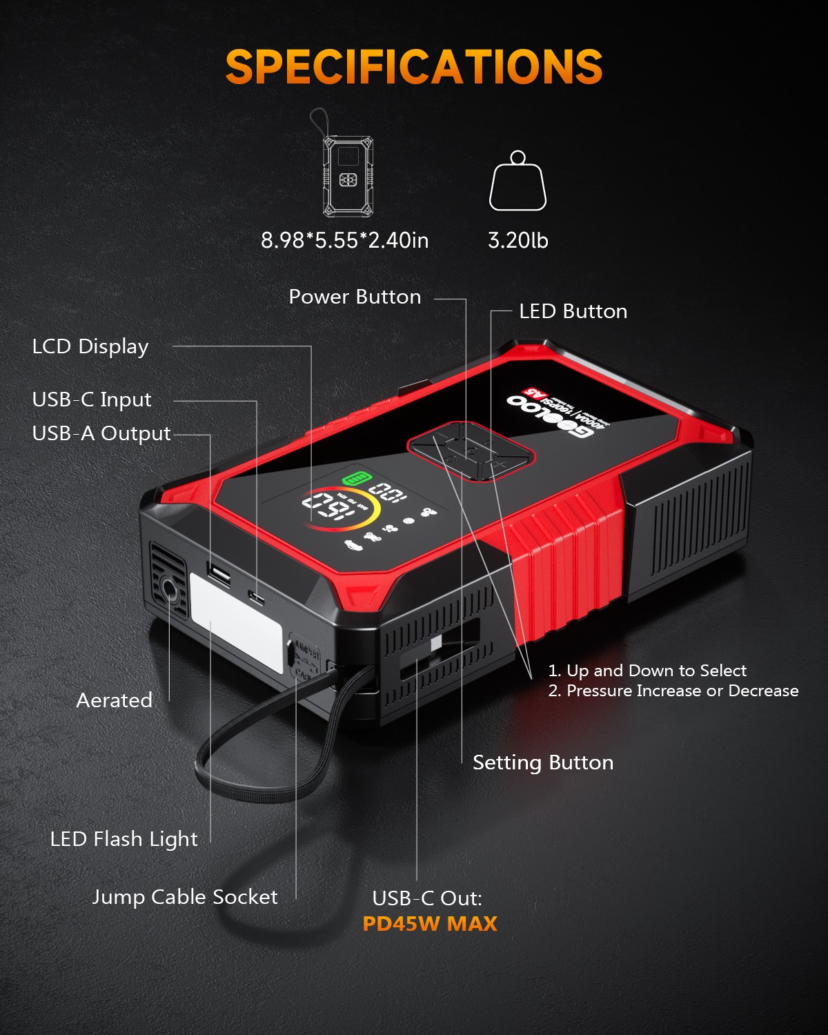 GOOLOO A5 Jump Starter with Air Compressor 4000A Portable Car Battery Booster