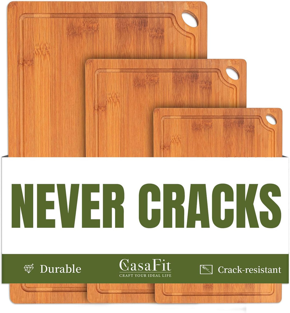 3-Piece Organic Bamboo Cutting Board Set for Kitchen - Carbonized Extra Sturdy C