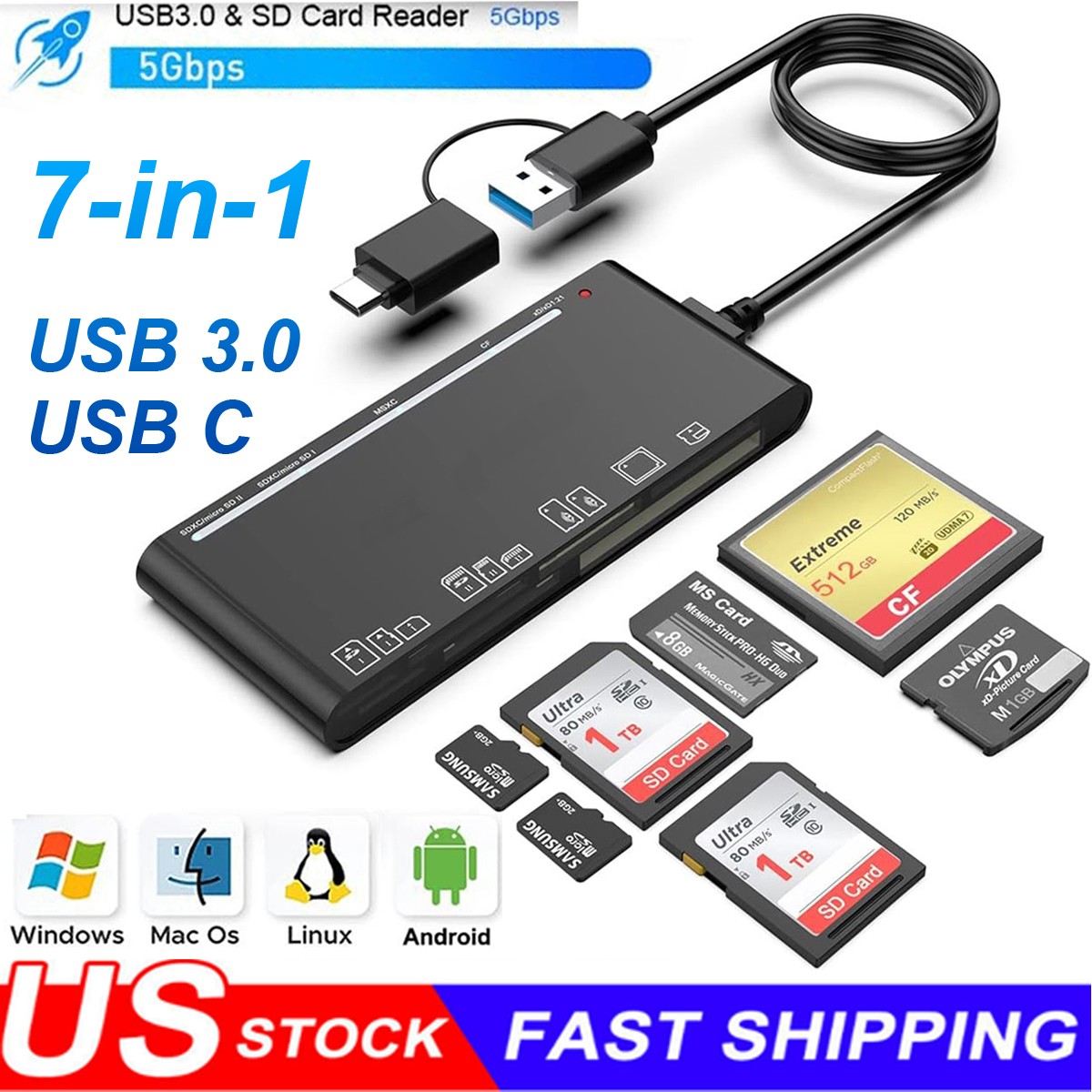 USB 3.0 USB C Memory Card Reader 7 in 1 High Speed Adapter for Micro SD TF CF XD