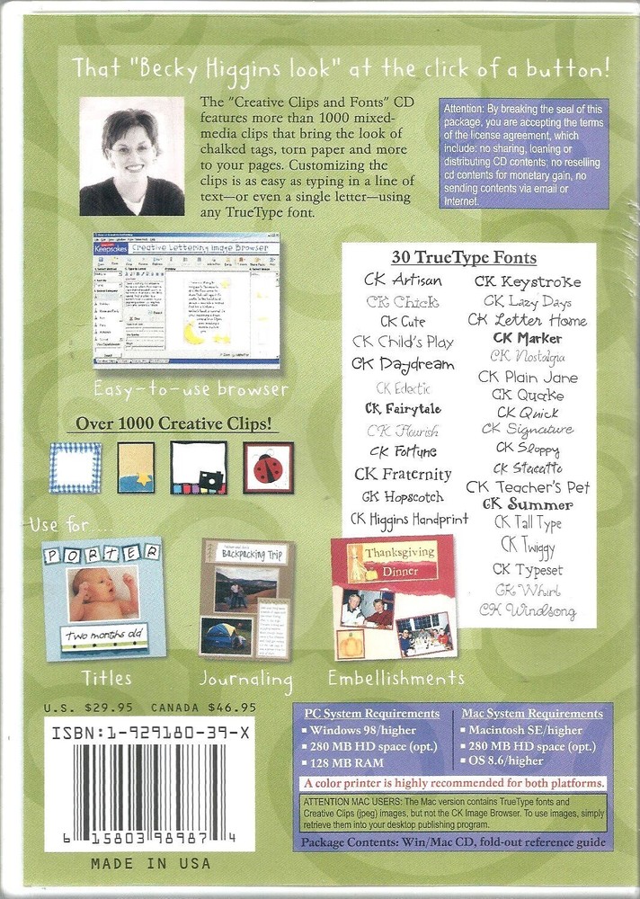 Creating Keepsakes Becky Higgins Creative Clips and Fonts Windows/Mac CD-ROM '03