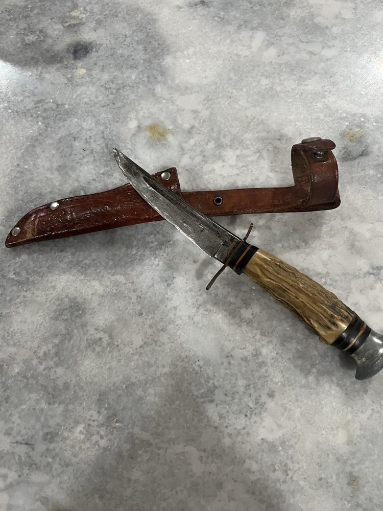 13905 Soligen Germany Knife with Sheath Bone Handle Vintage