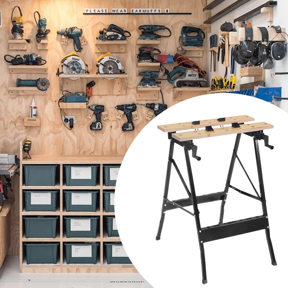 Folding Sawhorse Worktable 4 Bench Dogs Adjustable for Woodworking Projects