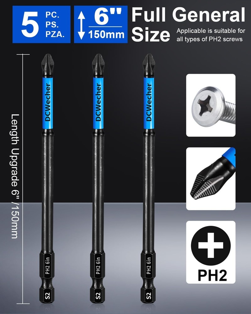 6Inch Long Phillips Head Drill & Screwdriver Bits 5Pack, 2 Phillips Bits #2 I...