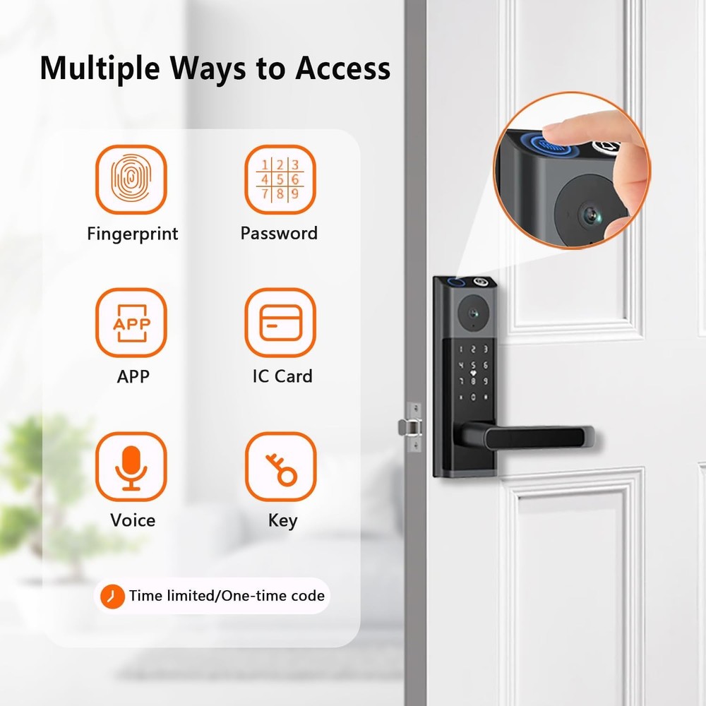 Smart Door Lock with Handle, WiFi Camera Fingerprint Keyless Touchscreen Keypad