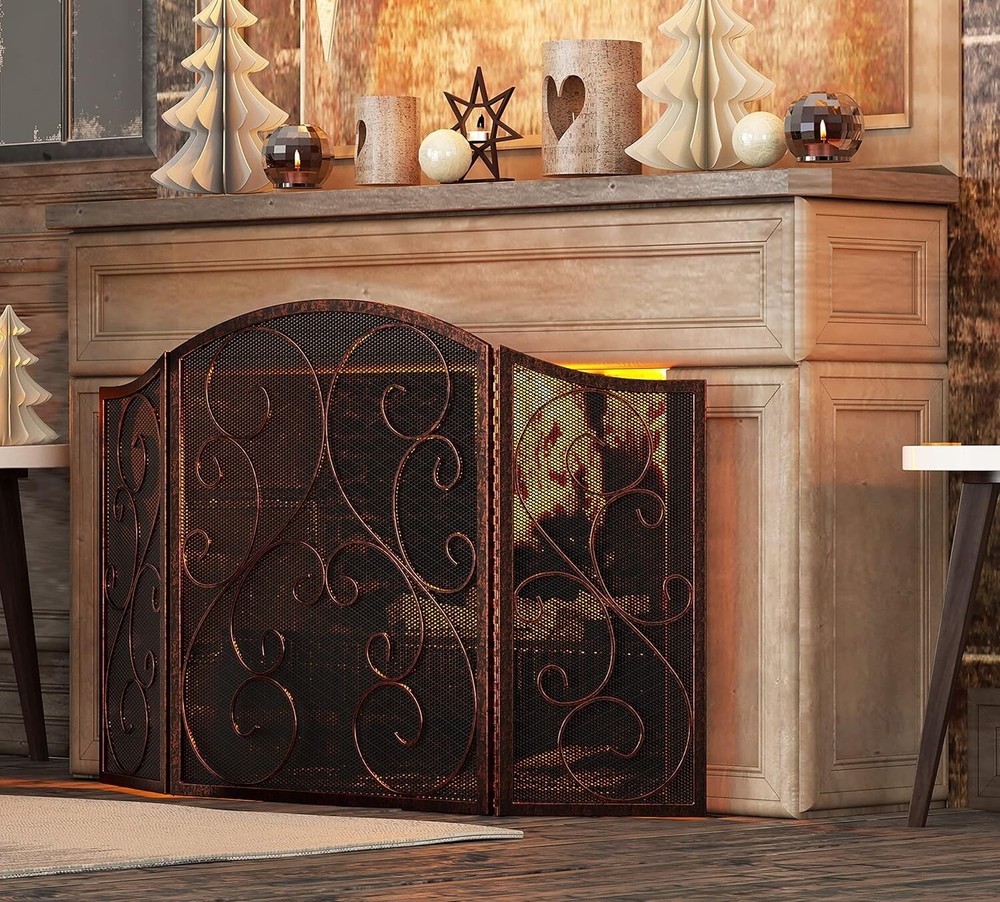 3 Panel Iron Fireplace Mesh Screen Traditional Scroll Metal Brushed Copper Guard