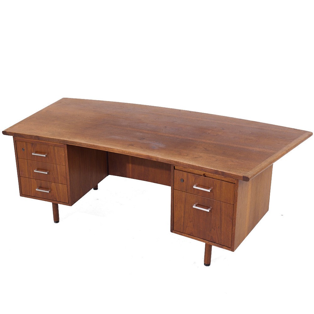 Jens Risom Style Mid Century Walnut Curved Executive Desk