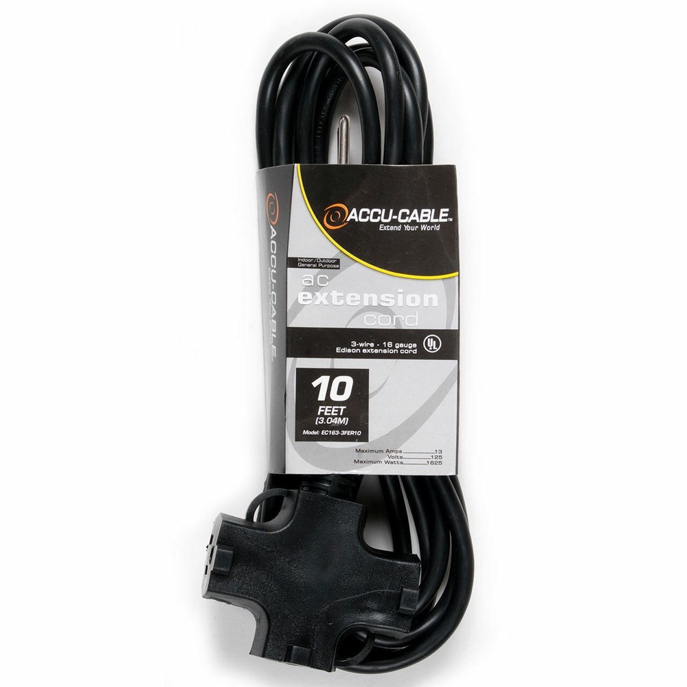 Accu-Cable Edison Extension Cable 16AWG with Threefer End, 10 ft