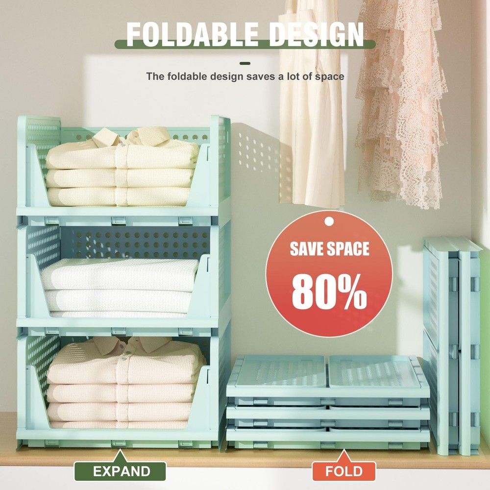 Closet Organizer, 4 Pack Stackable Storage Bins for Closet Shelves, Plastic S...