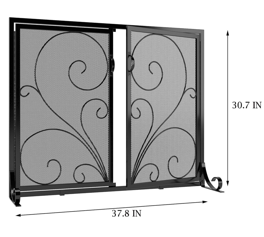Flat Fireplace Screen with Doors,Solid Wrought Iron Frame with Metal Mesh, Fl...