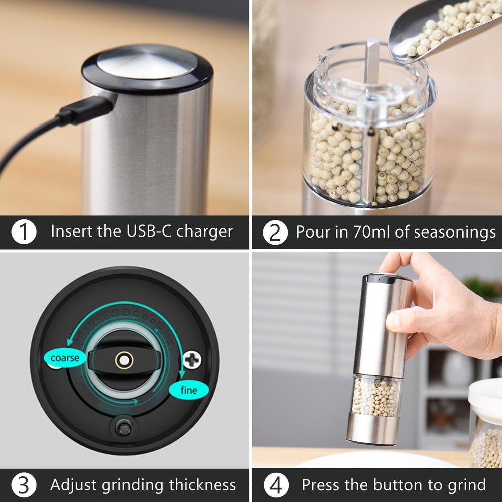 Pepper Grinder, Rechargeable Automatic Pepper Mill Grinder with Light, Hand O...