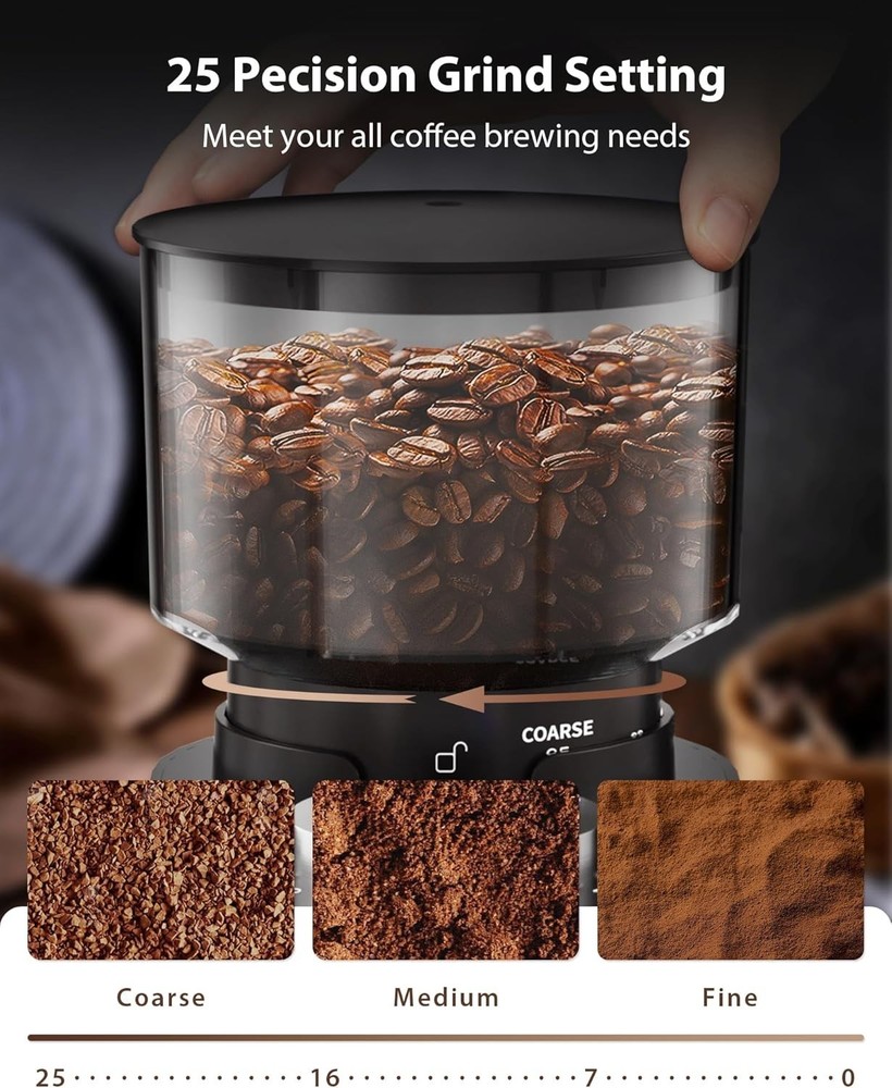 Conical Burr Coffee Grinder with 25 Grind Settings,Adjustable 2-12 Cups Timer...