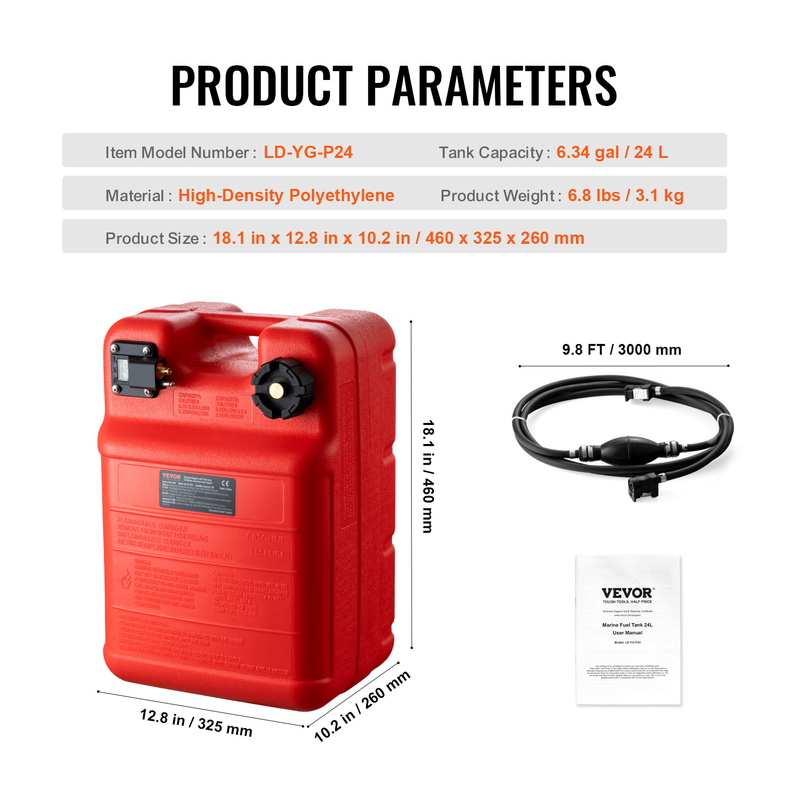 VEVOR Boat Fuel Tank Portable Marine Outboard Gas Tank 6.34 Gallon/24L with Hose