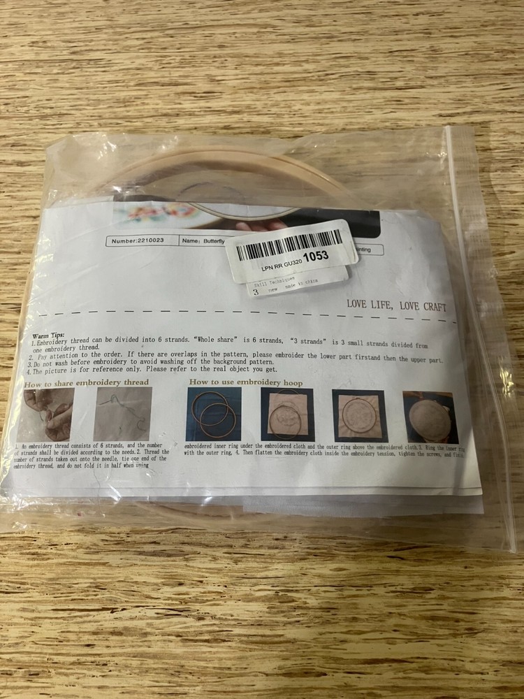 3 Handwork embroidery kits Butterfly, Dance, Fly, Float, hoops, thread, tools