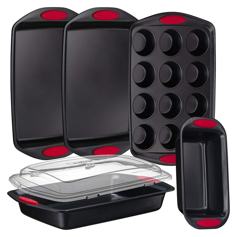 NutriChef 5-Piece Baking Pan Set Cookie Sheets, Roaster, Loaf, Muffin Pan(Black)