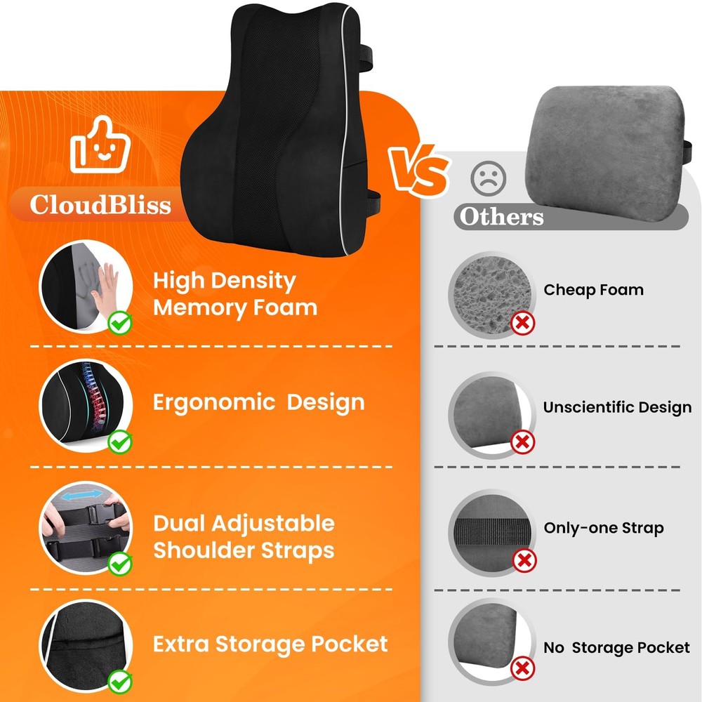 CloudBliss Ergonomic Lumbar Support Pillow – Standard, Pillow-black