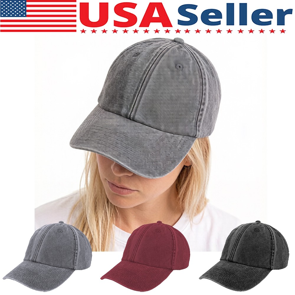Womens Baseball Cap Plain Washed Cotton Adjustable Sun Hat Solid Personalize ♪