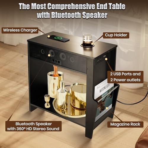 Bluetooth Speaker End Table, Smart End Table with 2 Subwoofer for Deep Bass,