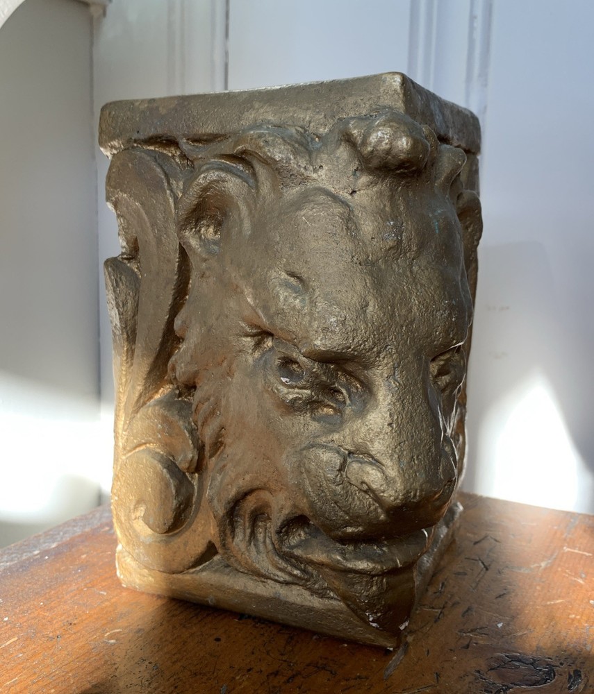 Vintage Carved Chalk Lion Distressed Architectural Corner Bracket Platform
