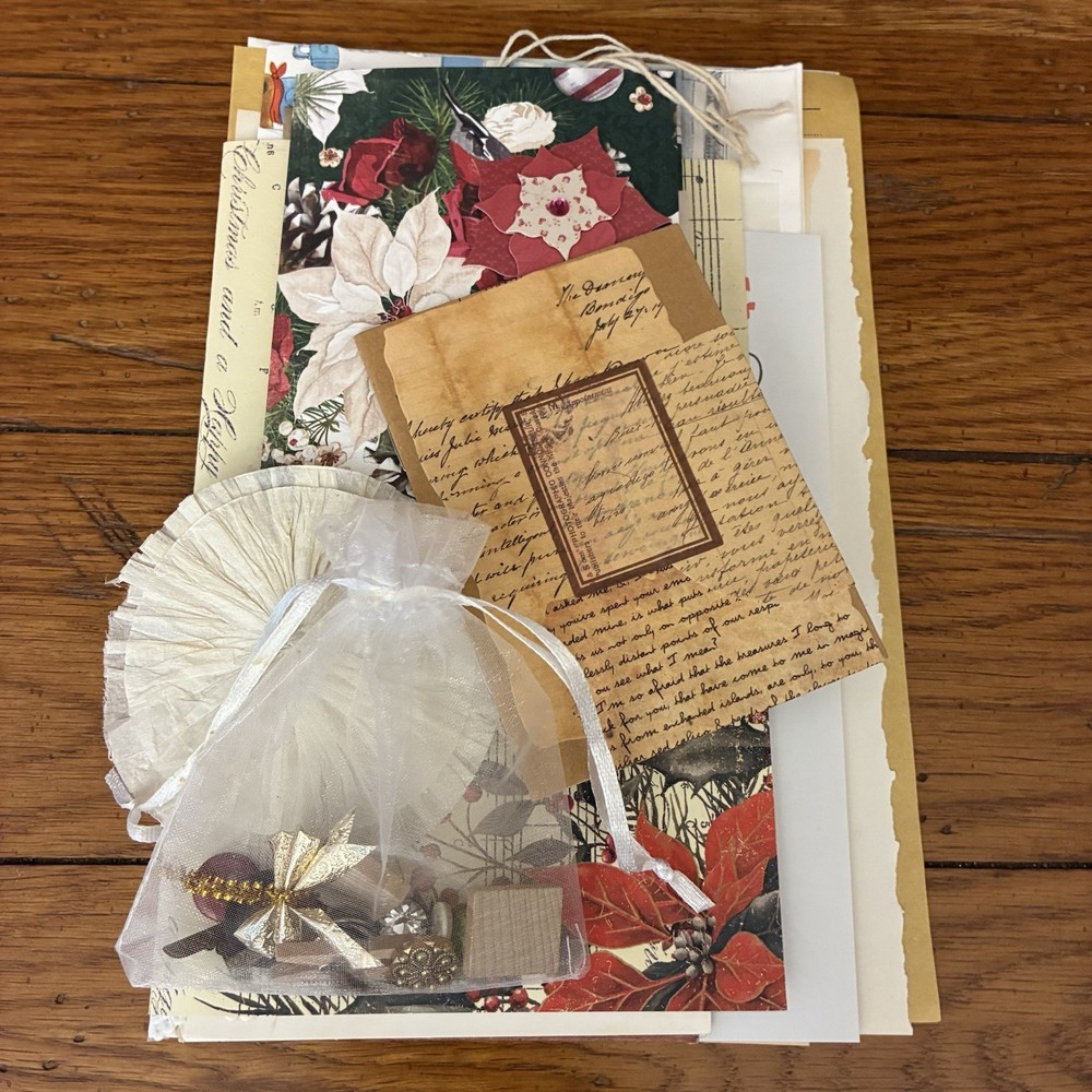 Christmas/Vtg Style Ephemera Holder + 50 Pcs Ephemera + Mini Collaged Notebook
