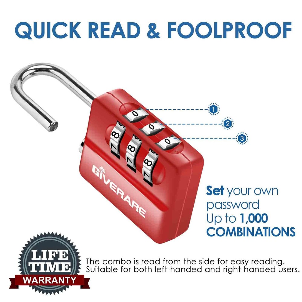 4 Pack Combination Lock, 3-Digit Padlock Keyless, Resettable Luggage Locks for