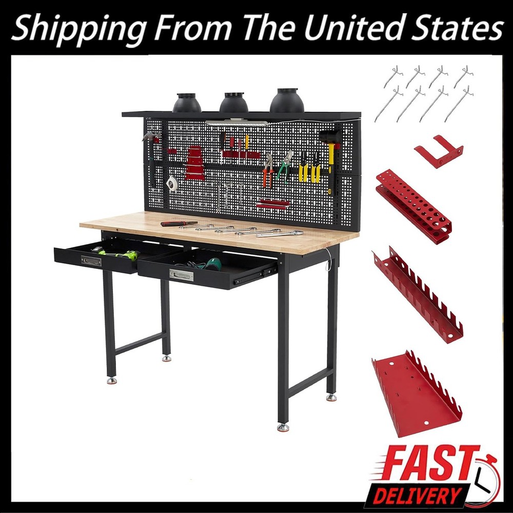 60" Adjustable Heavy Duty Workbench 2000 LBS Work Table with 2 Drawers LED Light