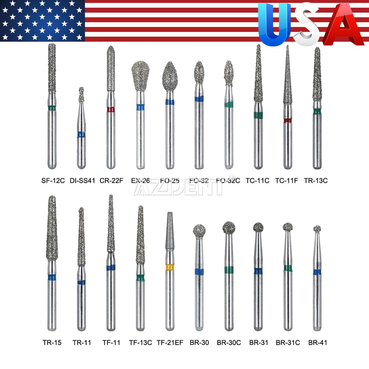 US 100pcs Dental Diamond Burs Kit for High Speed Handpiece Medium FG 1.6MM