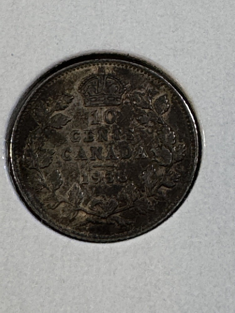 1936 Canada 10 Cents Silver Coin Cleaned