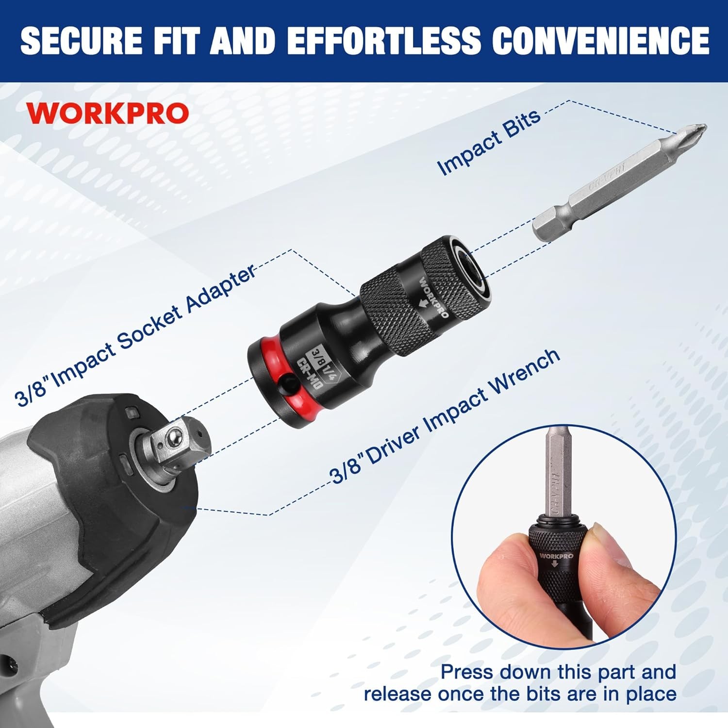 WORKPRO 3/8" Square to 1/4-in Hex Quick Release Bit Holder Impact Socket Adapter
