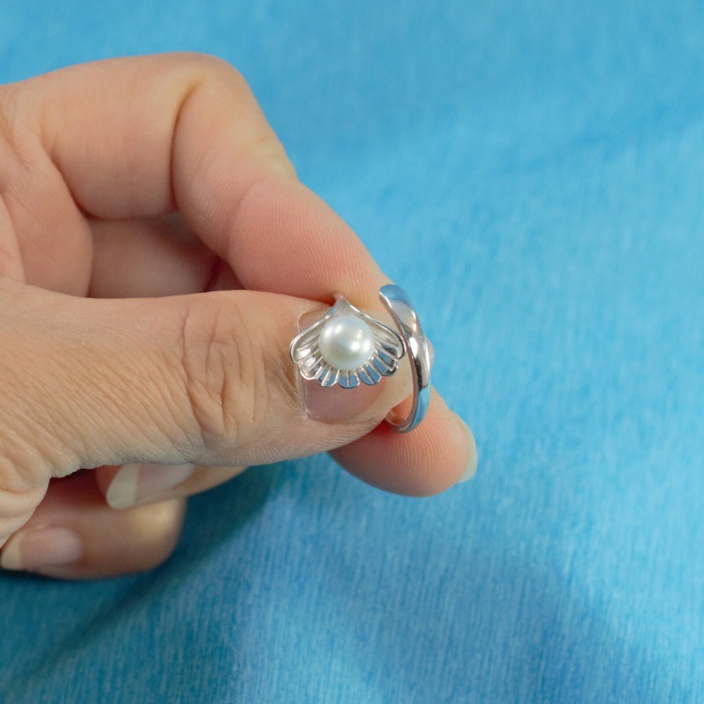 Solid Sterling Silver .925 White Pearl Ring Shell Style Adjustable Ring Size TP