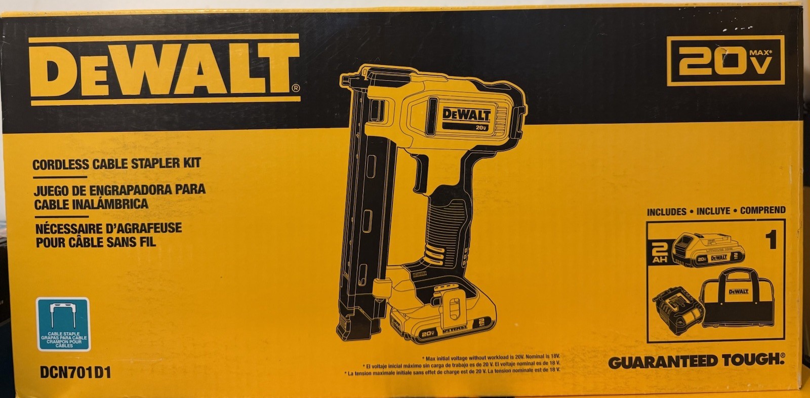 DEWALT 20V MAX Cordless Cable Stapler Kit 2.0Ah Battery Charger Bag - DCN701D1