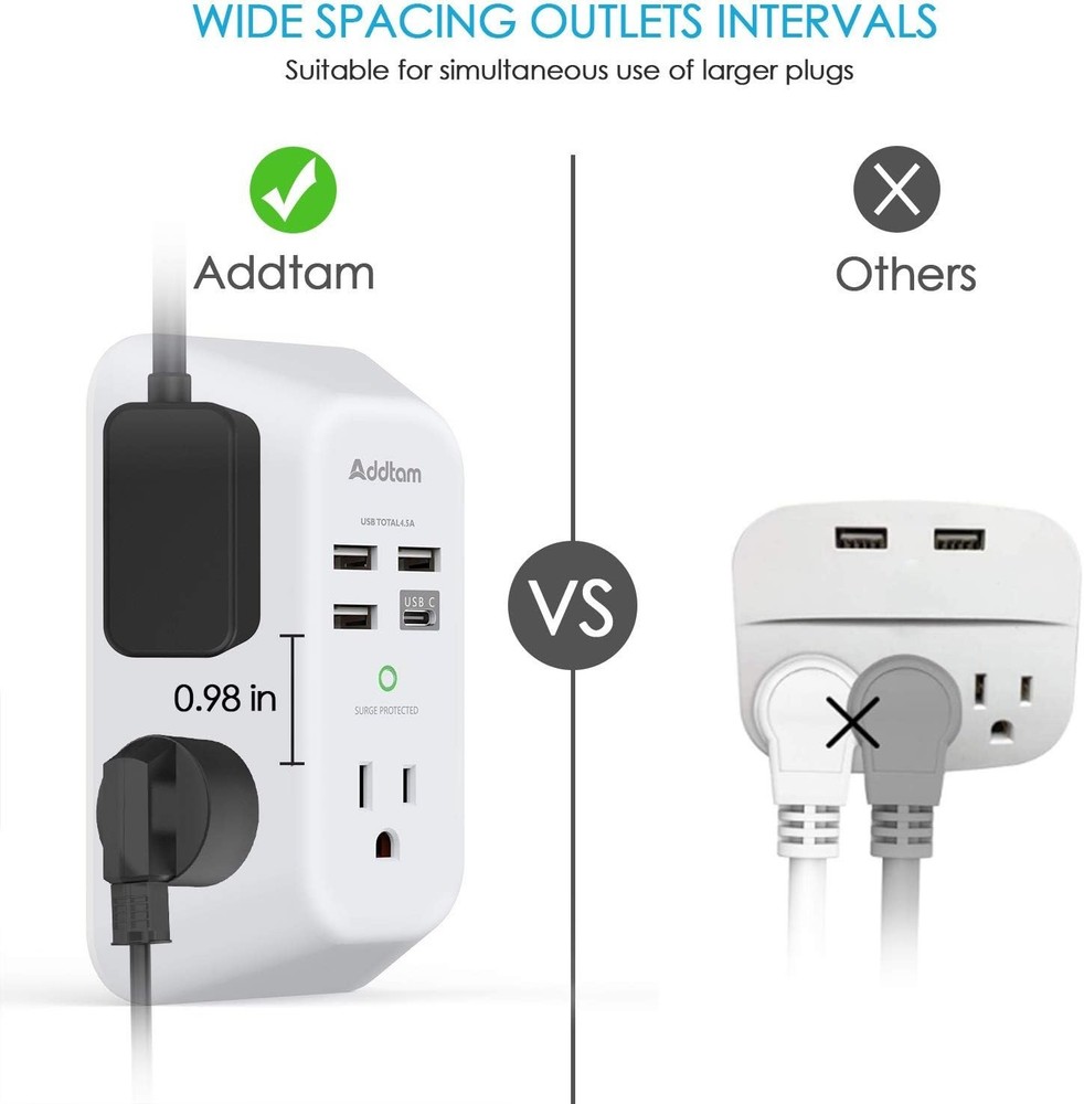 5 Outlet Extender, Multi Plug Outlet, 1 C-Type+3USB Wall Charger Surge Protector