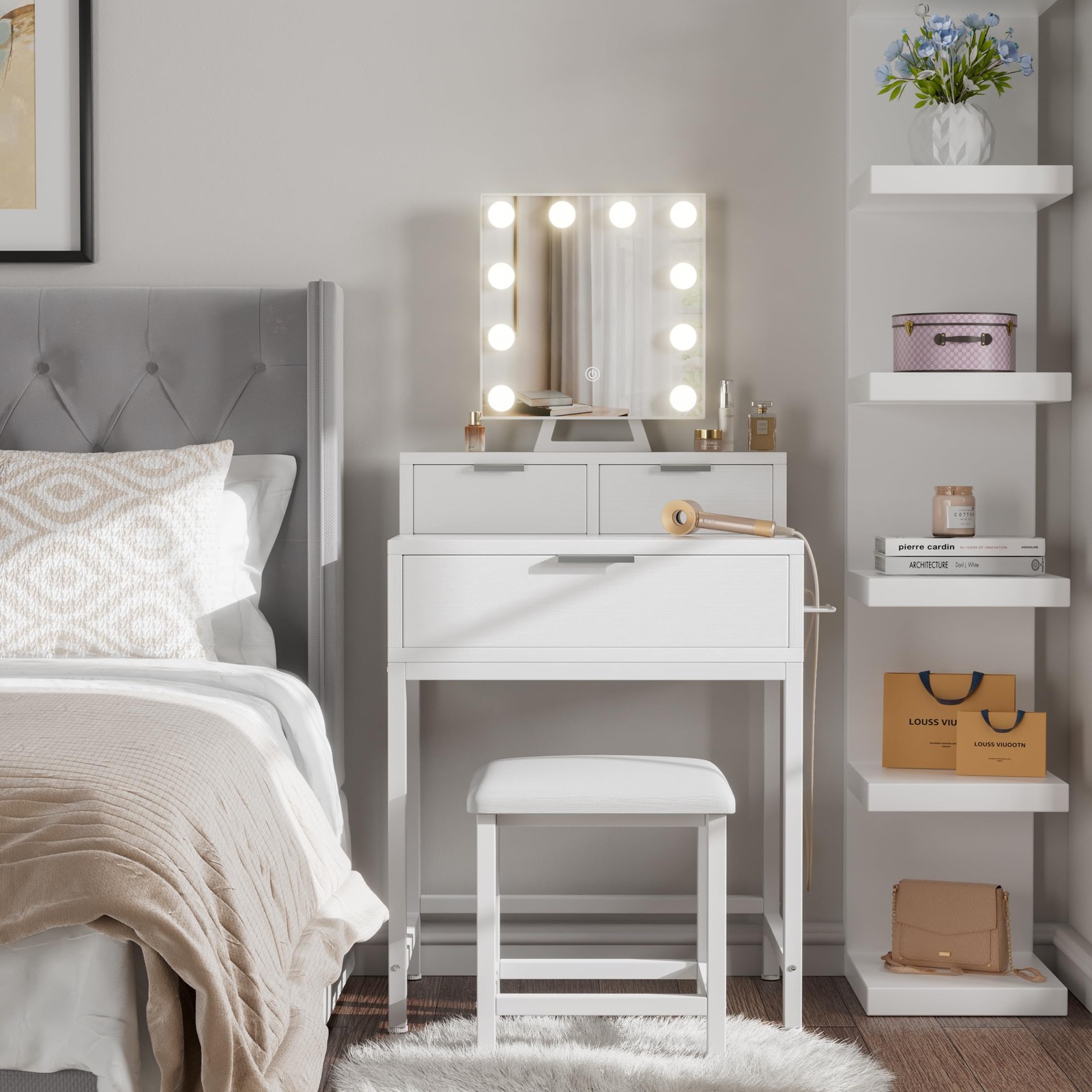 White Makeup Vanity Desk with Hollywood Mirror and Lights, Girls Vanity Set w...