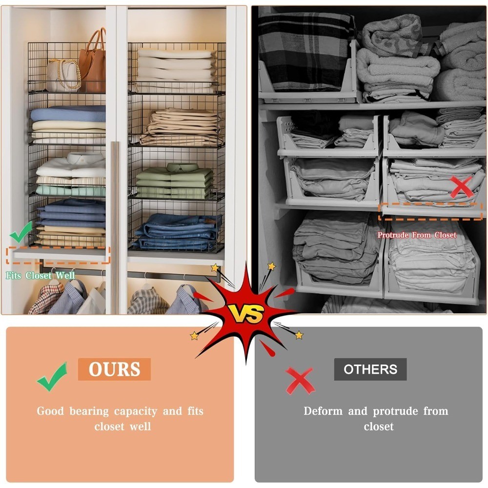 4-Tier Stackable Closet Organizer with Baskets, Foldable Storage Shelves for