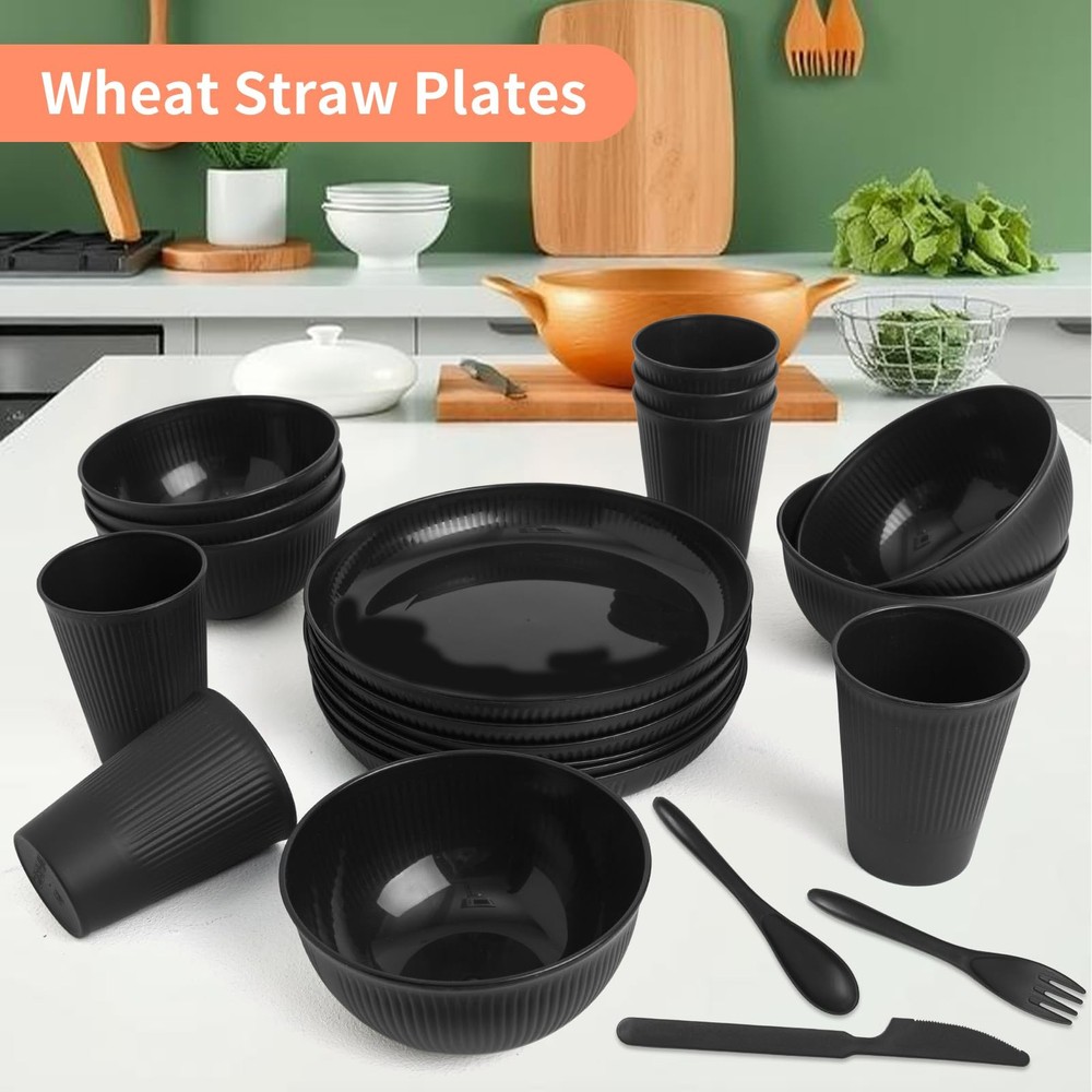 36 Pcs Wheat Straw Dinnerware Set,Dinnerware Sets for 6,Large Round Plates, B...