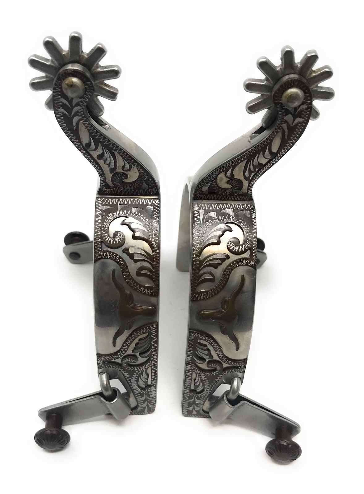 Longhorn Floral Show Spurs Antique Brown Engraved Overlay Stainless Steel Mens
