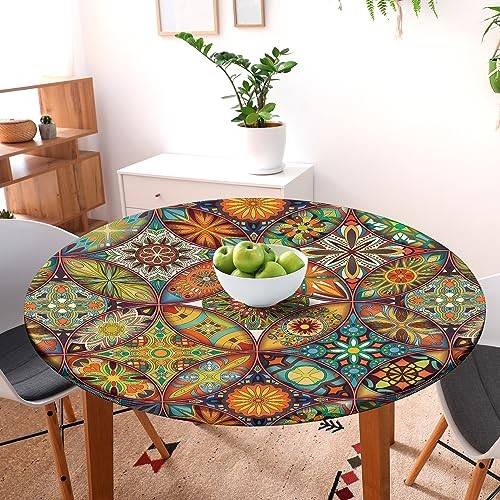 Round Fitted Tablecloth with Elastic Round Outdoor Tablecloths 44" (Round) Boho