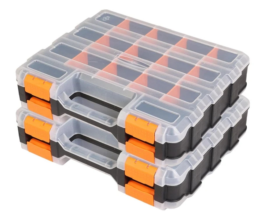 Tool Box with Transparent Lid, Double Side 34-Compartments Organizer Box, 2 Pack