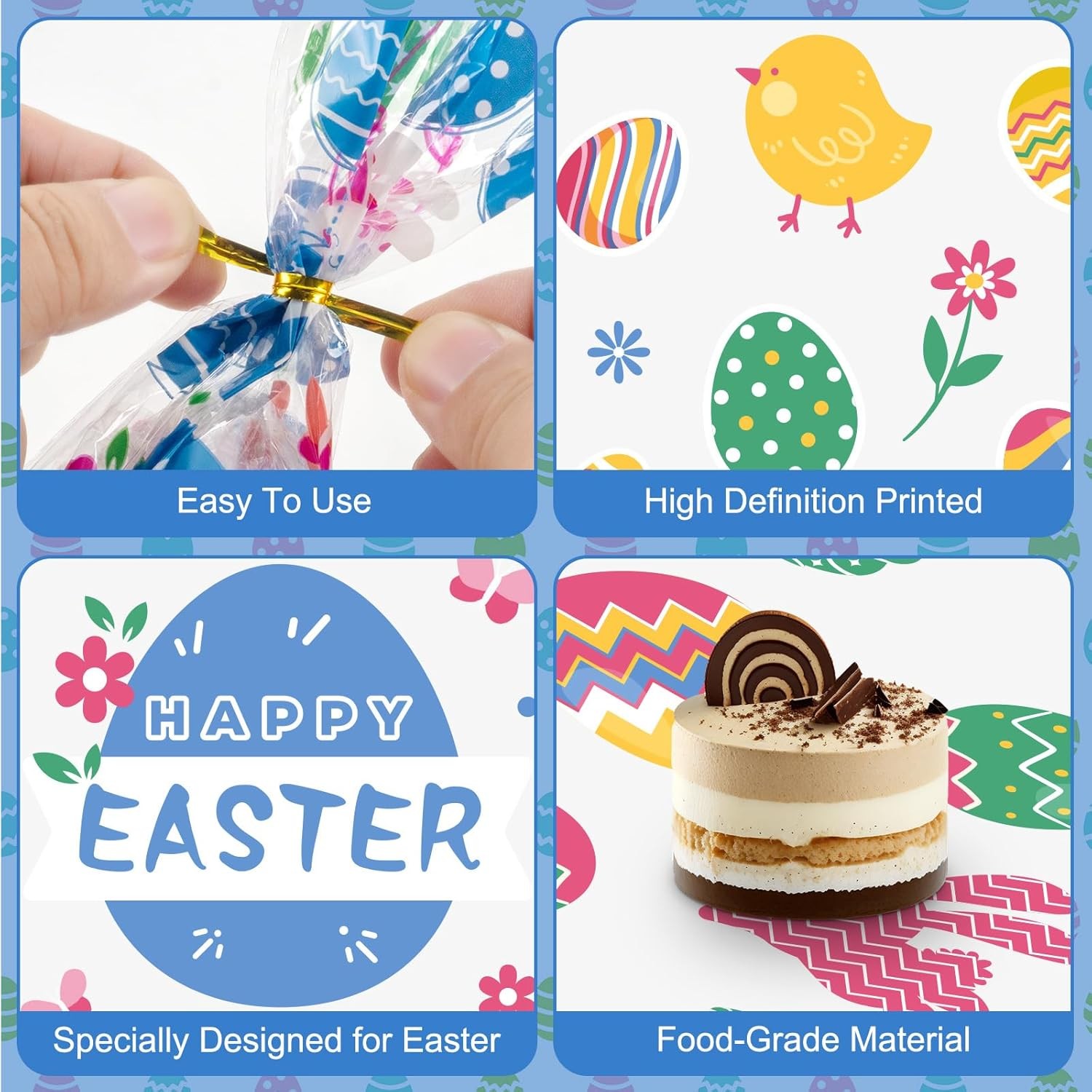 100 Pcs Easter Treat Bags - Happy Easter Gift Bag, Easters Eggs Plastic Cellopha