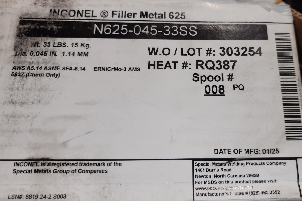 Special Metals N625-045-33SS Inconel Filler 625 Welding Wire 0.045in 33lb *PS