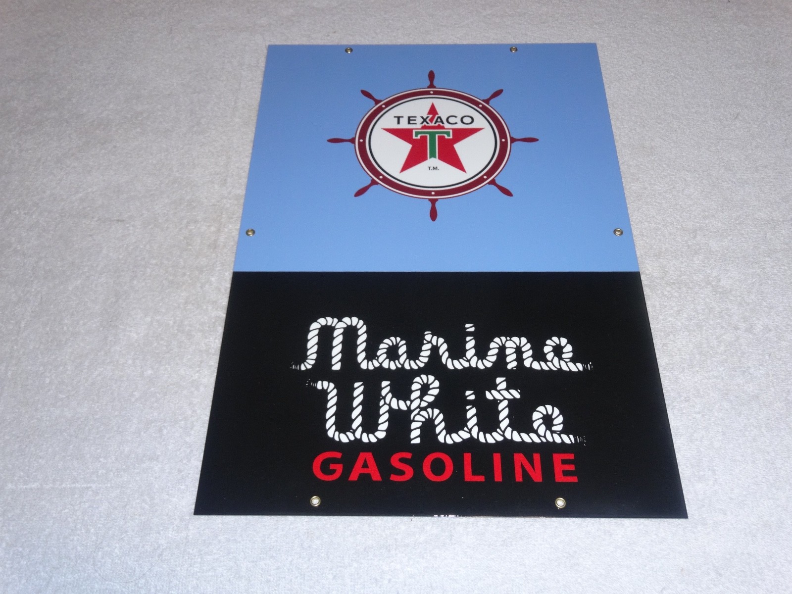 VINTAGE TEXACO MARINE WHITE GASOLINE 18" PORCELAIN METAL GAS OIL PUMP PLATE SIGN