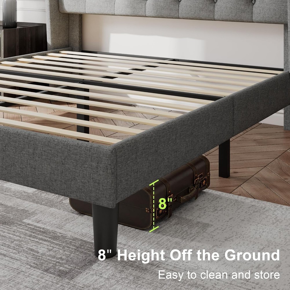 Stylish Full Size Bed Frame with Upholstered Wingback Headboard - Light Gray