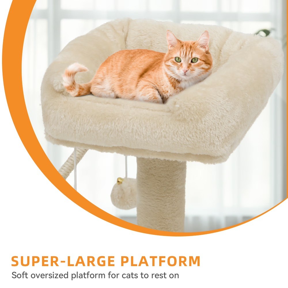 44" Cat Tree Tower, with Scratch Posts, Condo, Hammock, Toys, Beige