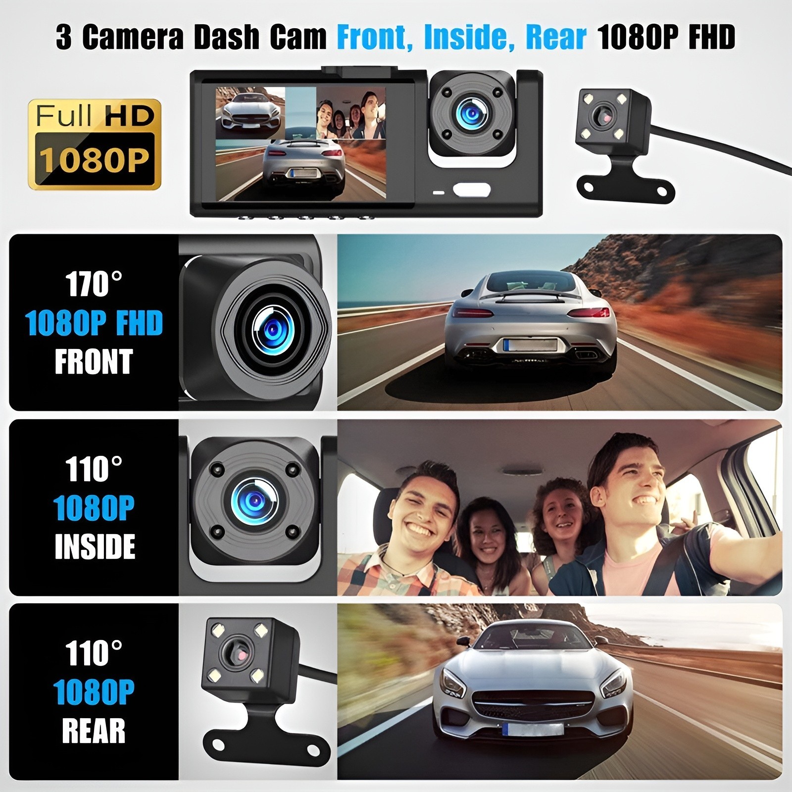 3 Lens Dash Cam Front Cabin Rear 1080P Night Vision, Parking Monitor, G-Sensor
