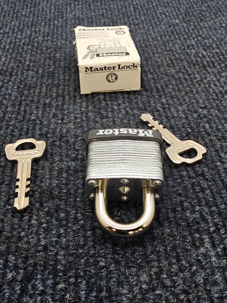 (QTY 4) Master Lock Padlock Rectangular Silver Steel 1-1/8"H W/ Keys
