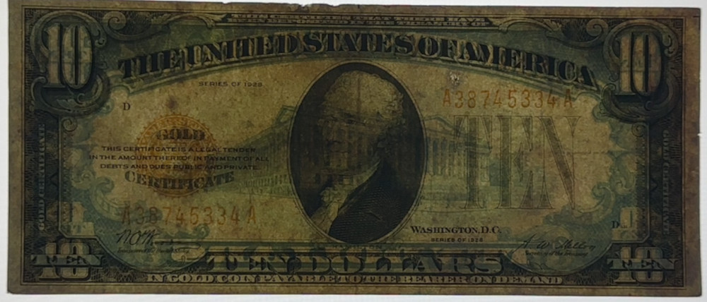 1928 $10 Gold Certificate - Raw - Nice Crisp Note